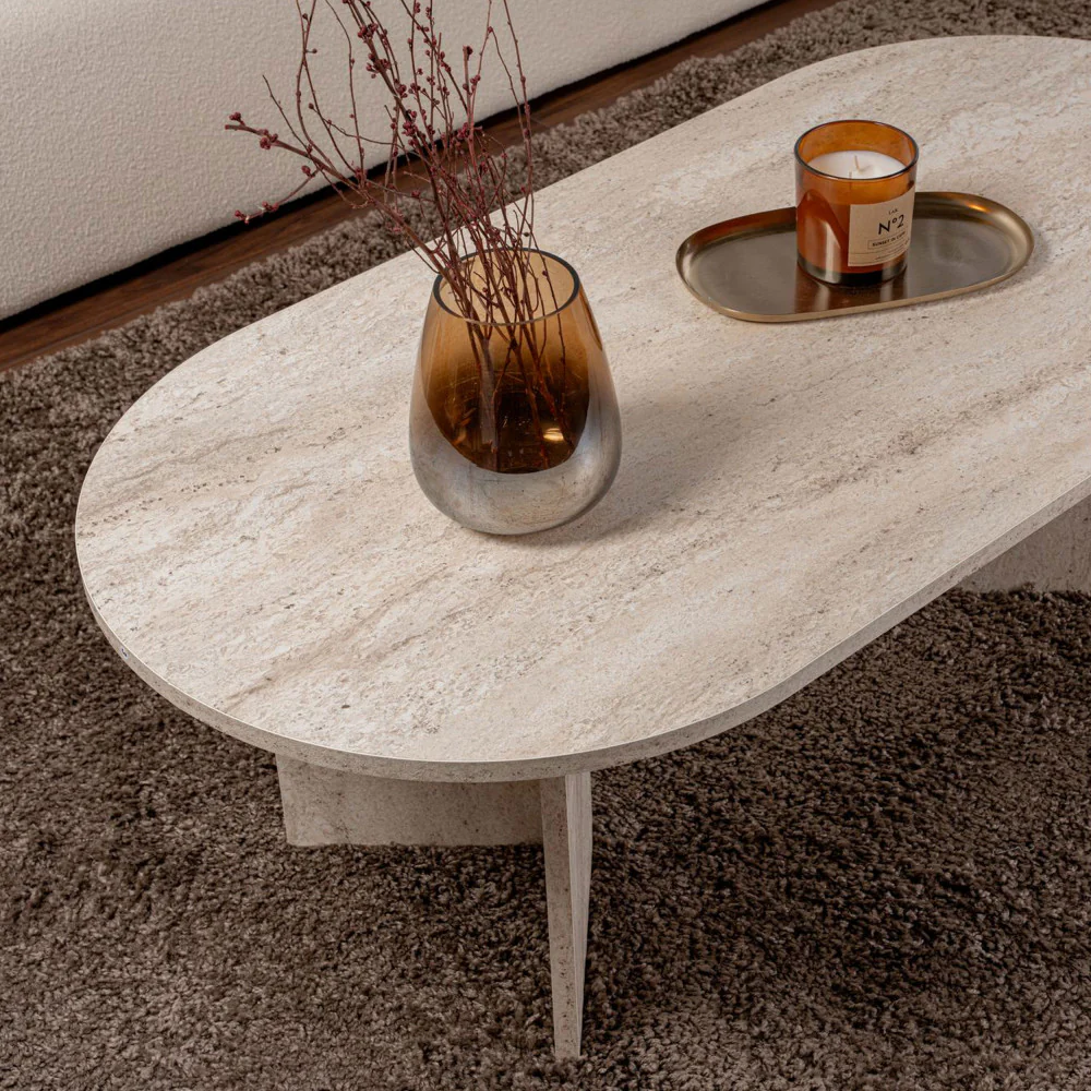 Sam - Table Basse Ovale - Effet Travertin - Beige - Image 8