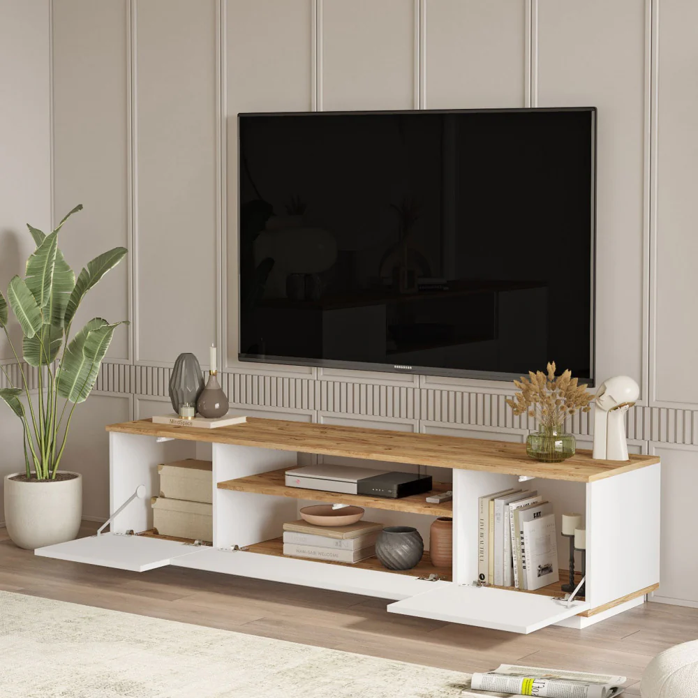 Fritz - Meuble TV 3 Portes - Bois - Blanc - Image 4