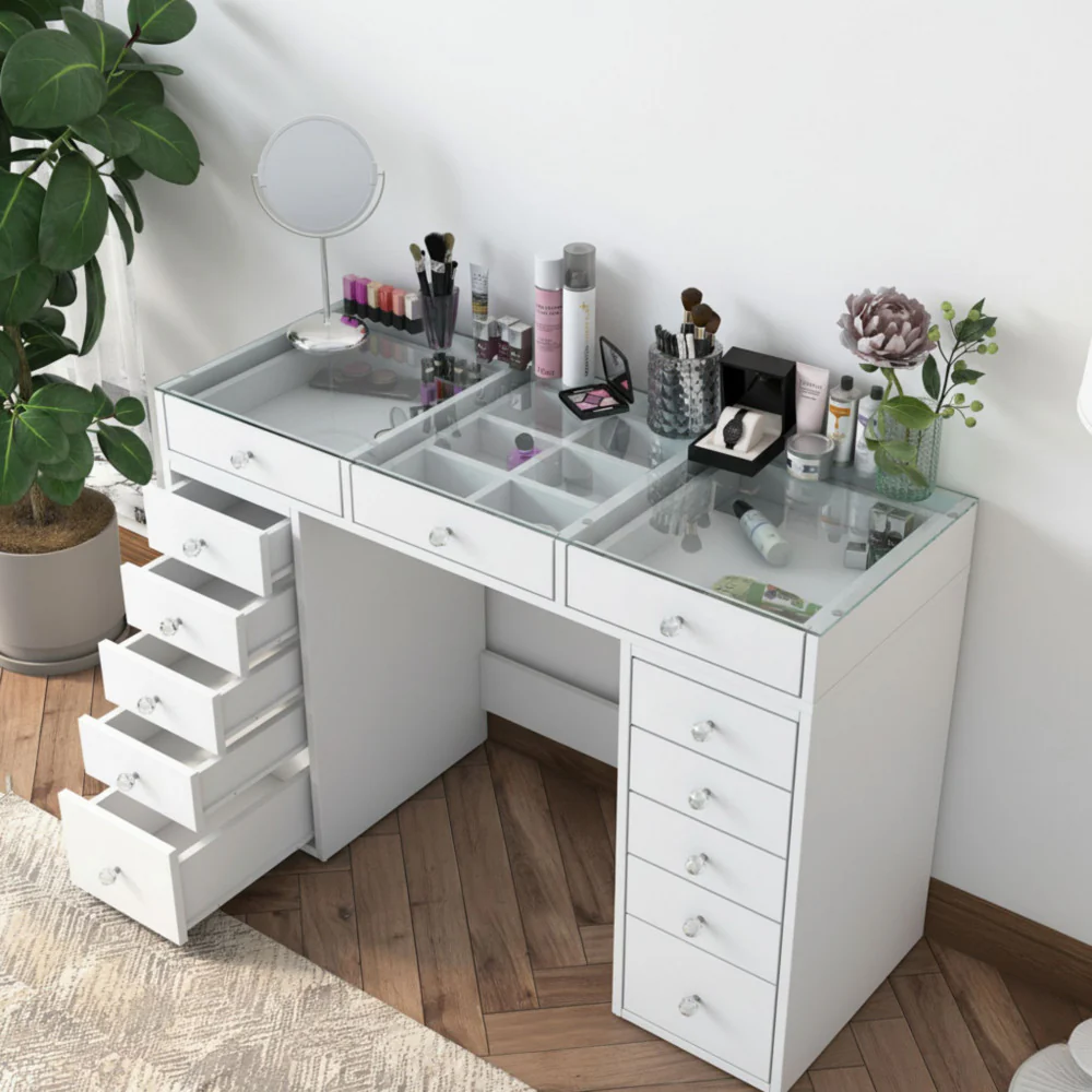 Tiya - Coiffeuse 13 Tiroirs Avec Plateau - Verre - Blanc - Image 6