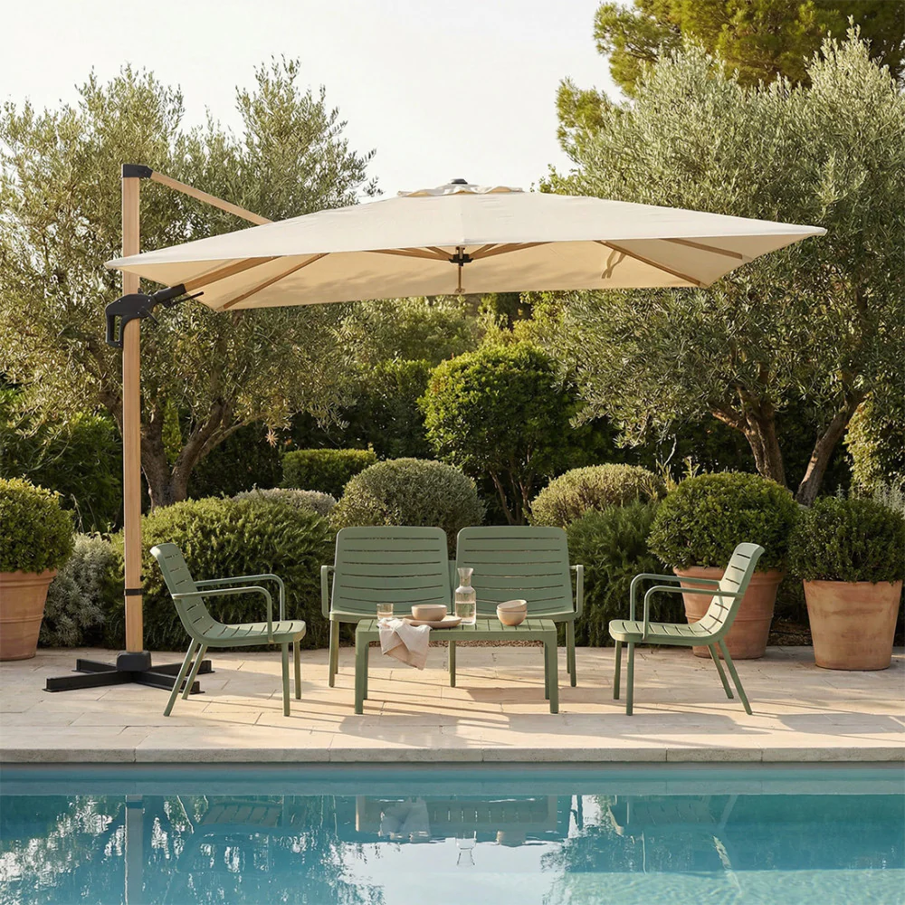 Veya - Parasol Carré Déporté - Aluminium & Effet Bois - Beige - Image 5