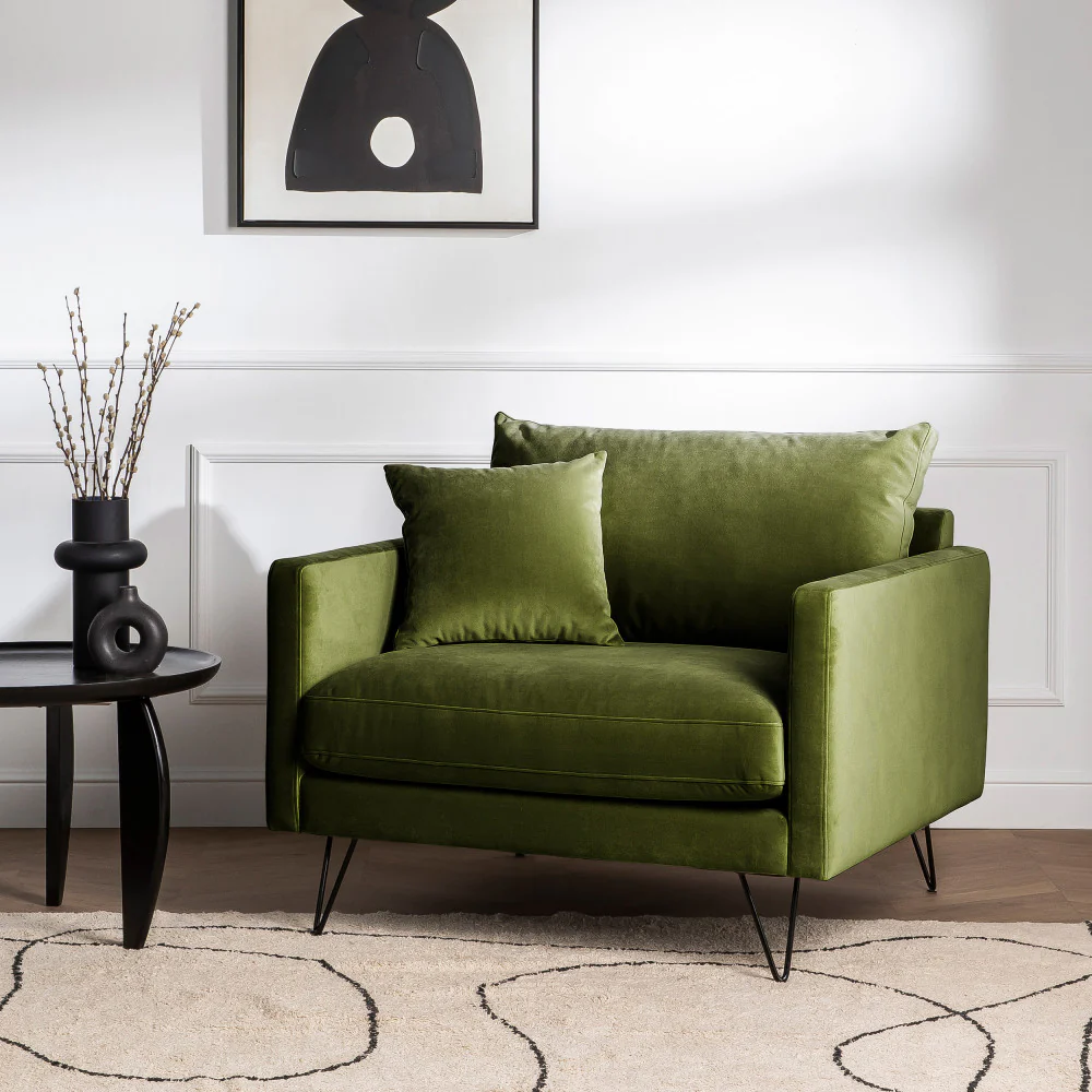 Villabon - Fauteuil XL - Velours - Pieds Épingles Noirs - Vert olive - Image 3