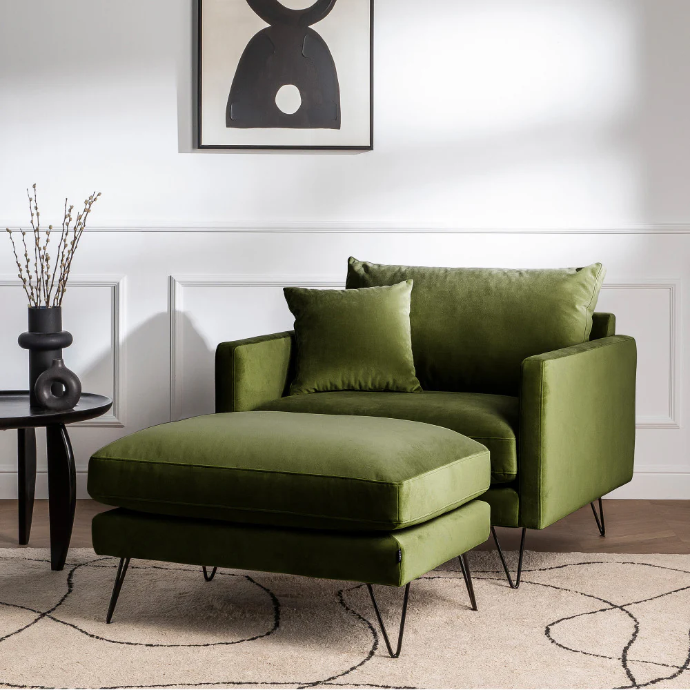 Villabon - Fauteuil XL - Velours - Pieds Épingles Noirs - Vert olive - Image 7