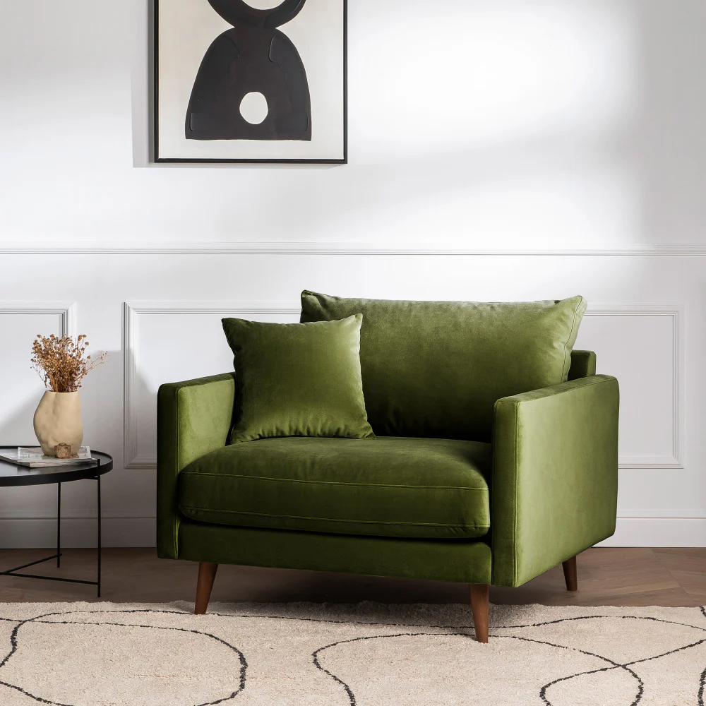 Villabon - Fauteuil XL - Velours - Pieds Bois Foncé - Vert olive - Image 3