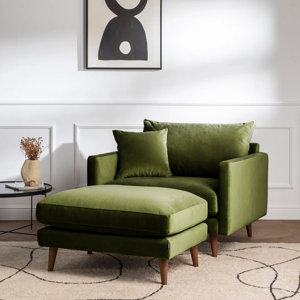 Villabon - Fauteuil XL - Velours - Pieds Bois Foncé - Vert olive - Image 7