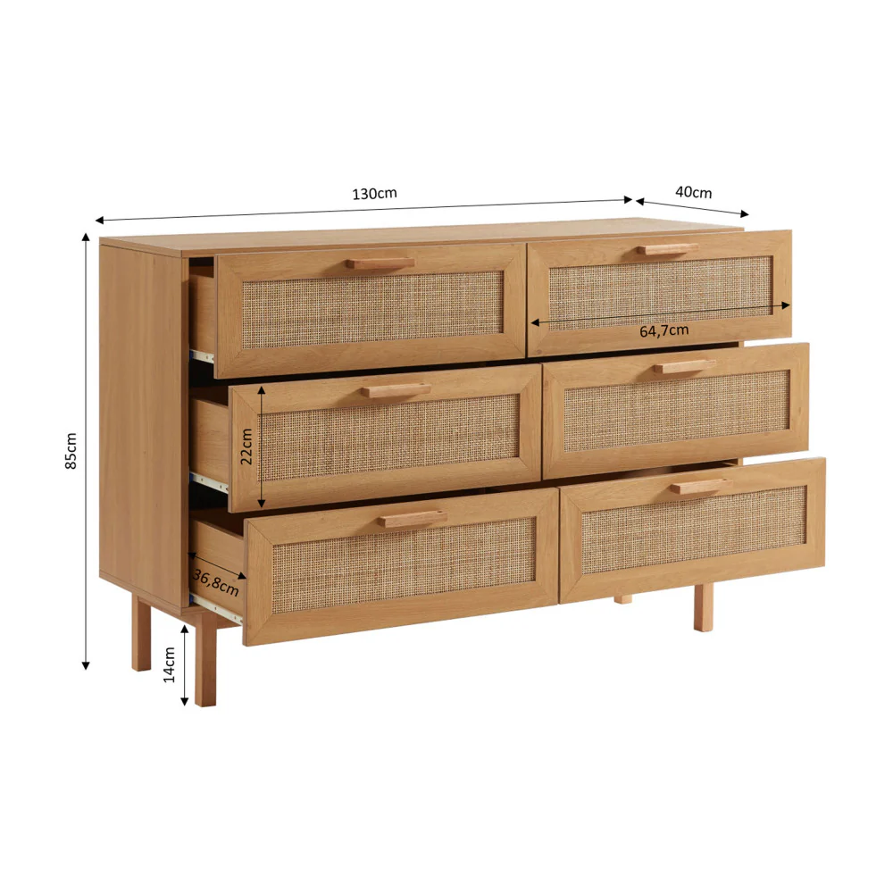 June - Commode 6 Tiroirs - Bois & Cannage - Bois clair - Image 8