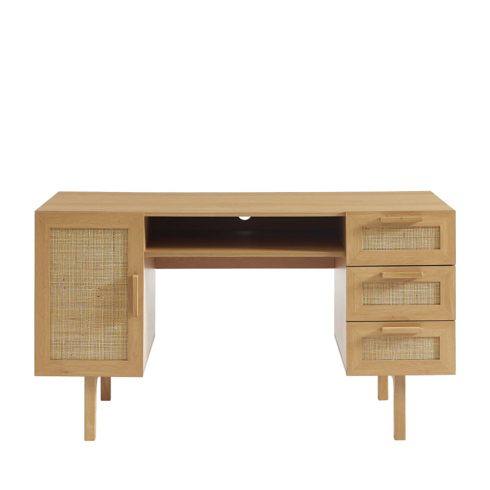 June - Bureau 1 Porte 3 Tiroirs - Bois & Cannage - Bois clair - Image 2