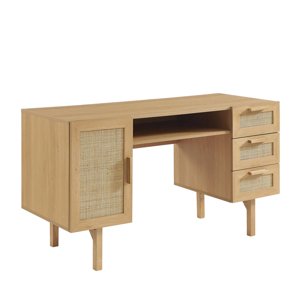 June - Bureau 1 Porte 3 Tiroirs - Bois & Cannage - Bois clair - Image 3