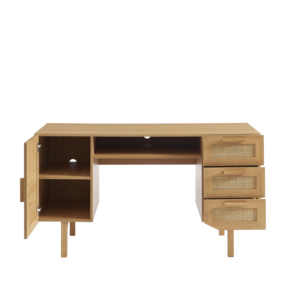 June - Bureau 1 Porte 3 Tiroirs - Bois & Cannage - Bois clair - Image 4