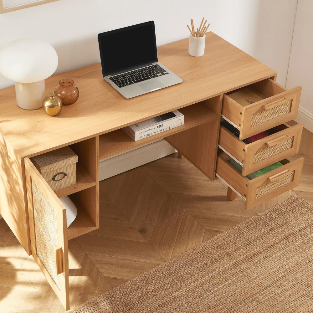June - Bureau 1 Porte 3 Tiroirs - Bois & Cannage - Bois clair - Image 6