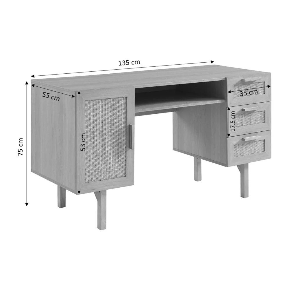 June - Bureau 1 Porte 3 Tiroirs - Bois & Cannage - Bois clair - Image 8