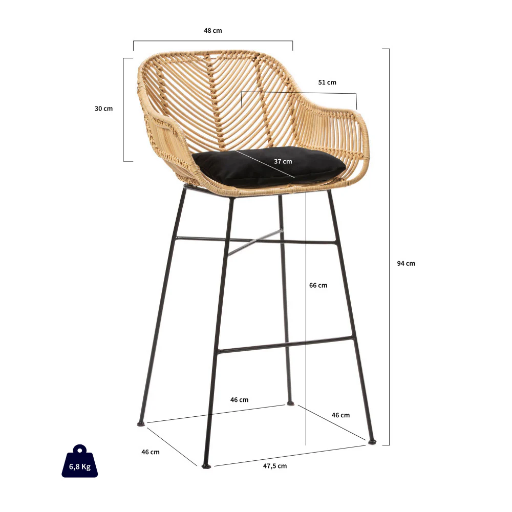 Nunuhai - Lot De 2 Tabourets De Bar - Rotin - Naturel - Hauteur D'Assise 68cm - Image 7