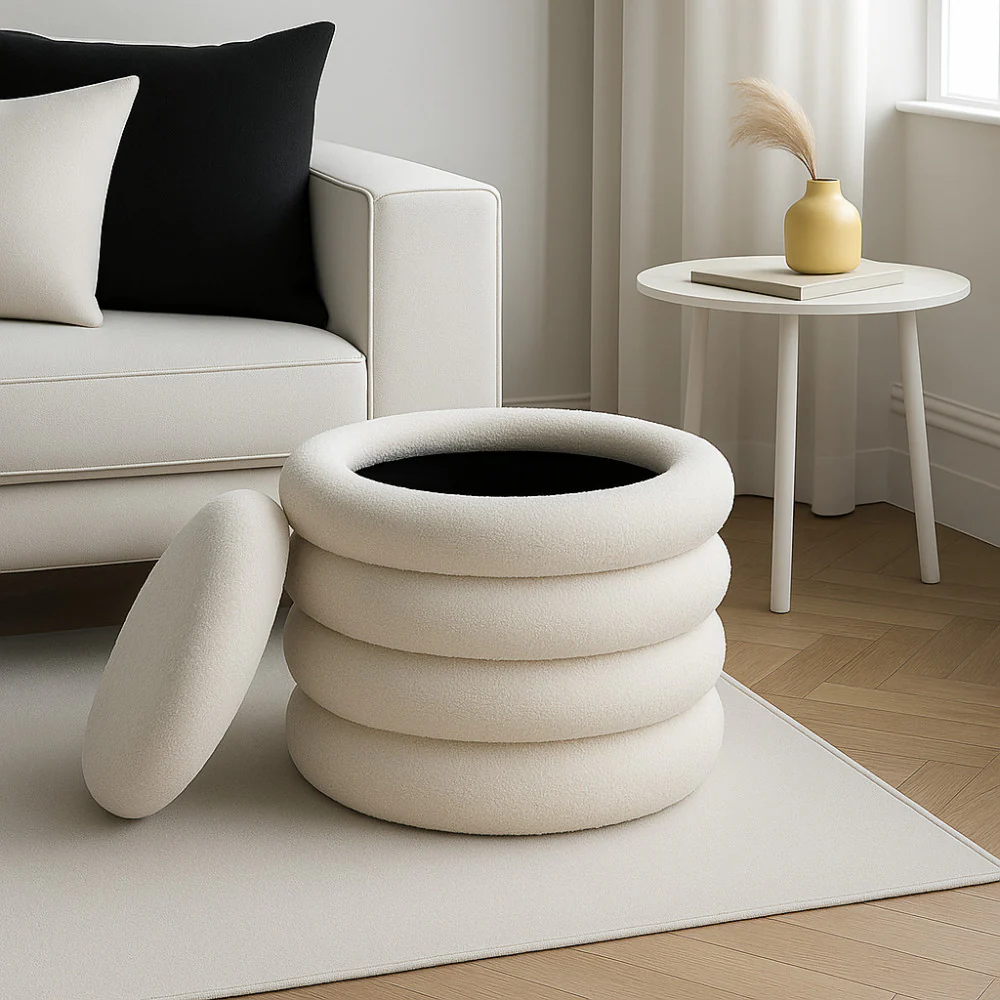 Bubble - Lot De 2 Poufs Coffres Ronds - Tissu Bouclette - Blanc - Image 5