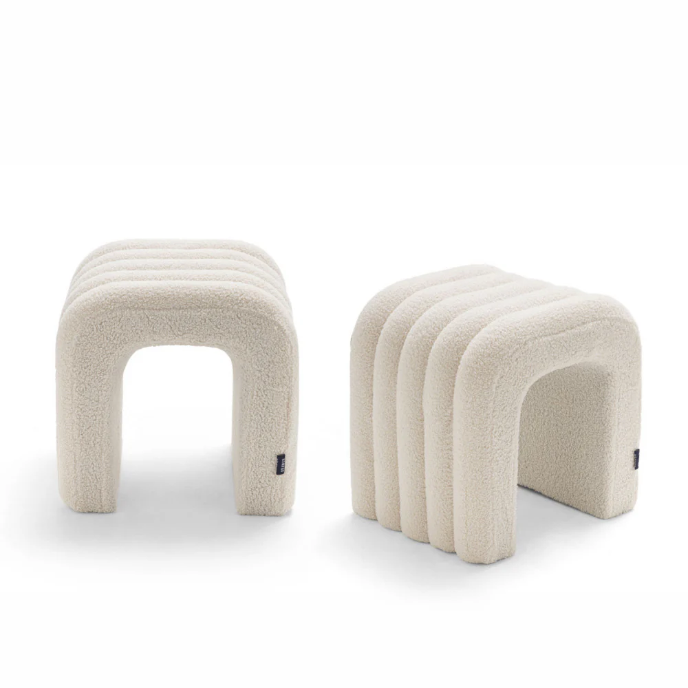 Mui - Lot De 2 Tabourets Rembourrés - Tissu Bouclette - Blanc - Image 2