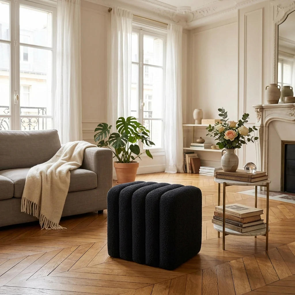 Leto - Pouf Rembourré - Tissu Bouclette - Noir - Image 3
