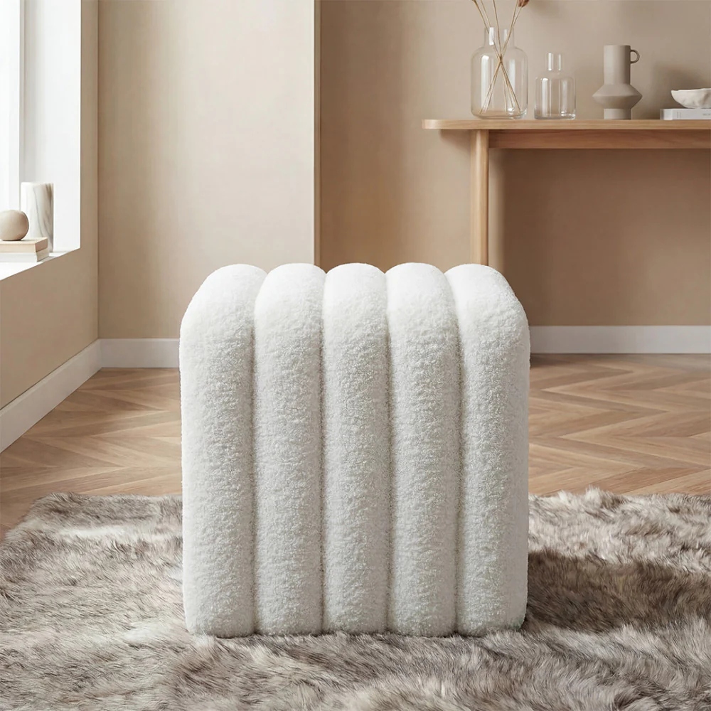 Leto - Pouf Rembourré - Tissu Bouclette - Blanc - Image 4