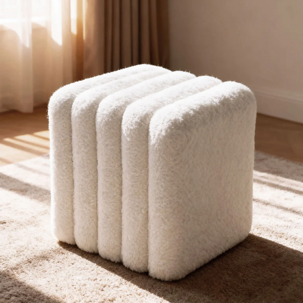 Leto - Pouf Rembourré - Tissu Bouclette - Blanc - Image 7