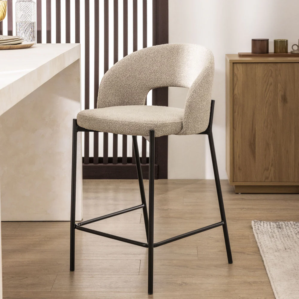 Soren - Lot De 2 Chaises De Bar - Tissu Bouclette & Métal - Beige chiné - Image 7
