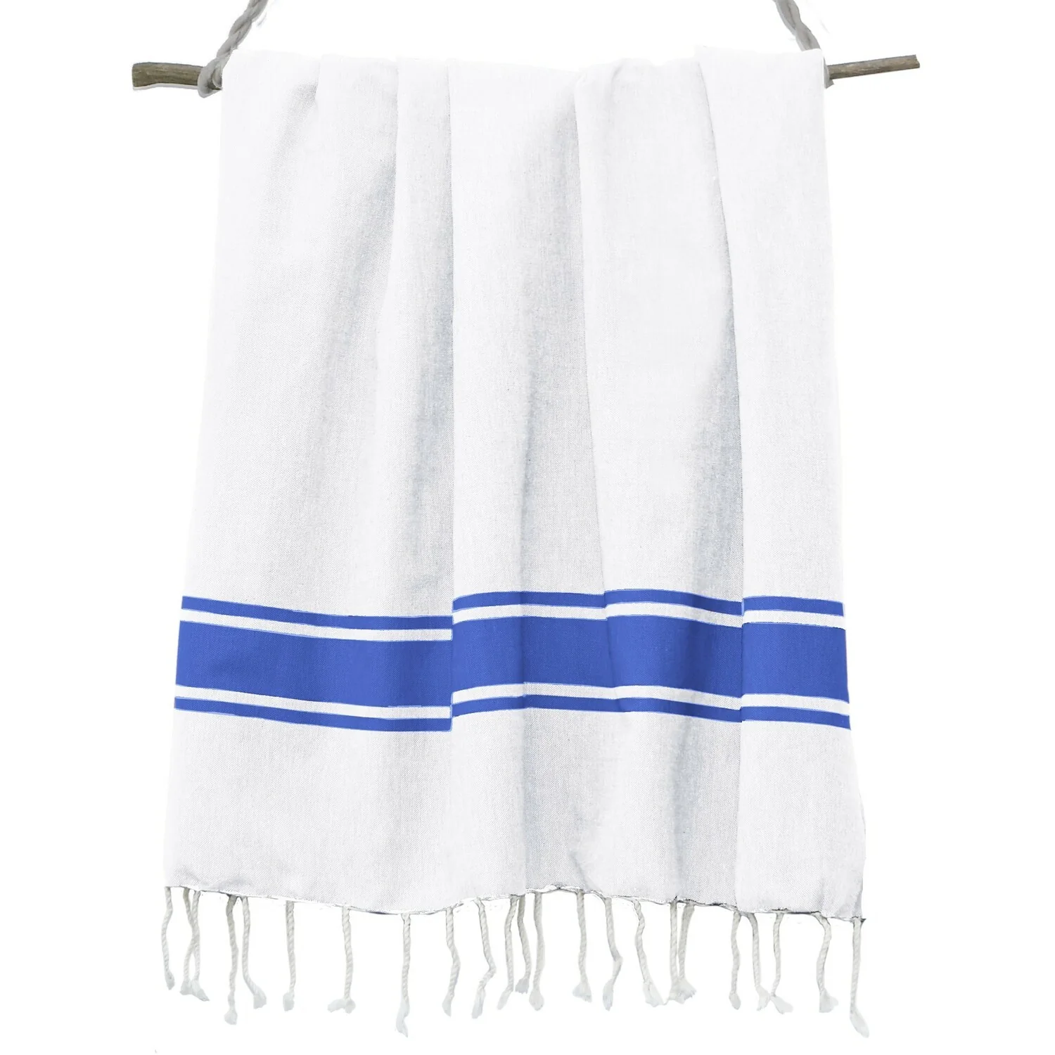 Fouta Blanche - Coton - Blanc / Bleu Grec - St Tropez - Image 4