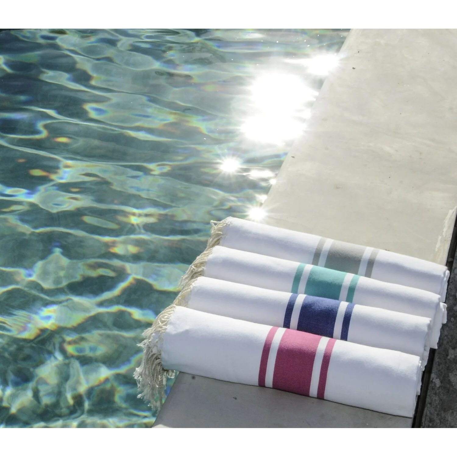 Fouta Blanche - Coton - Blanc / Bleu Grec - St Tropez - Image 5