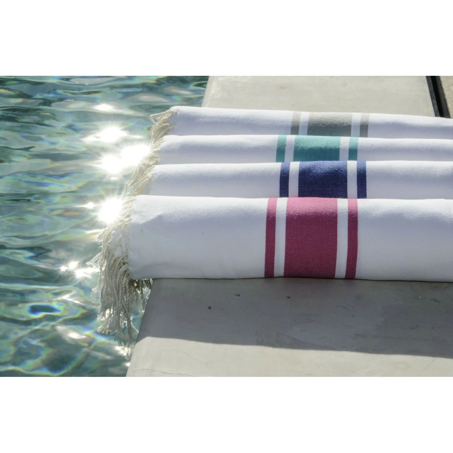 Fouta Blanche - Coton - Blanc / Bleu Grec - St Tropez - Image 6