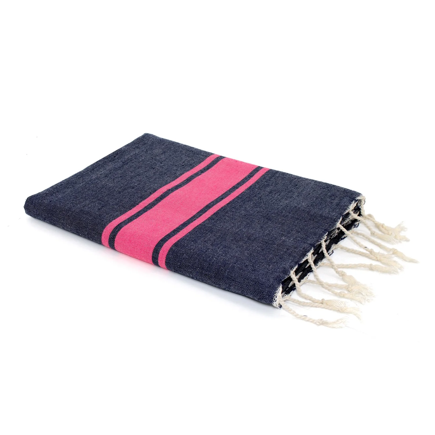 Fouta Bicolore - Coton - Bleu Jean / Rose Fuchsia - St Tropez - Image 2
