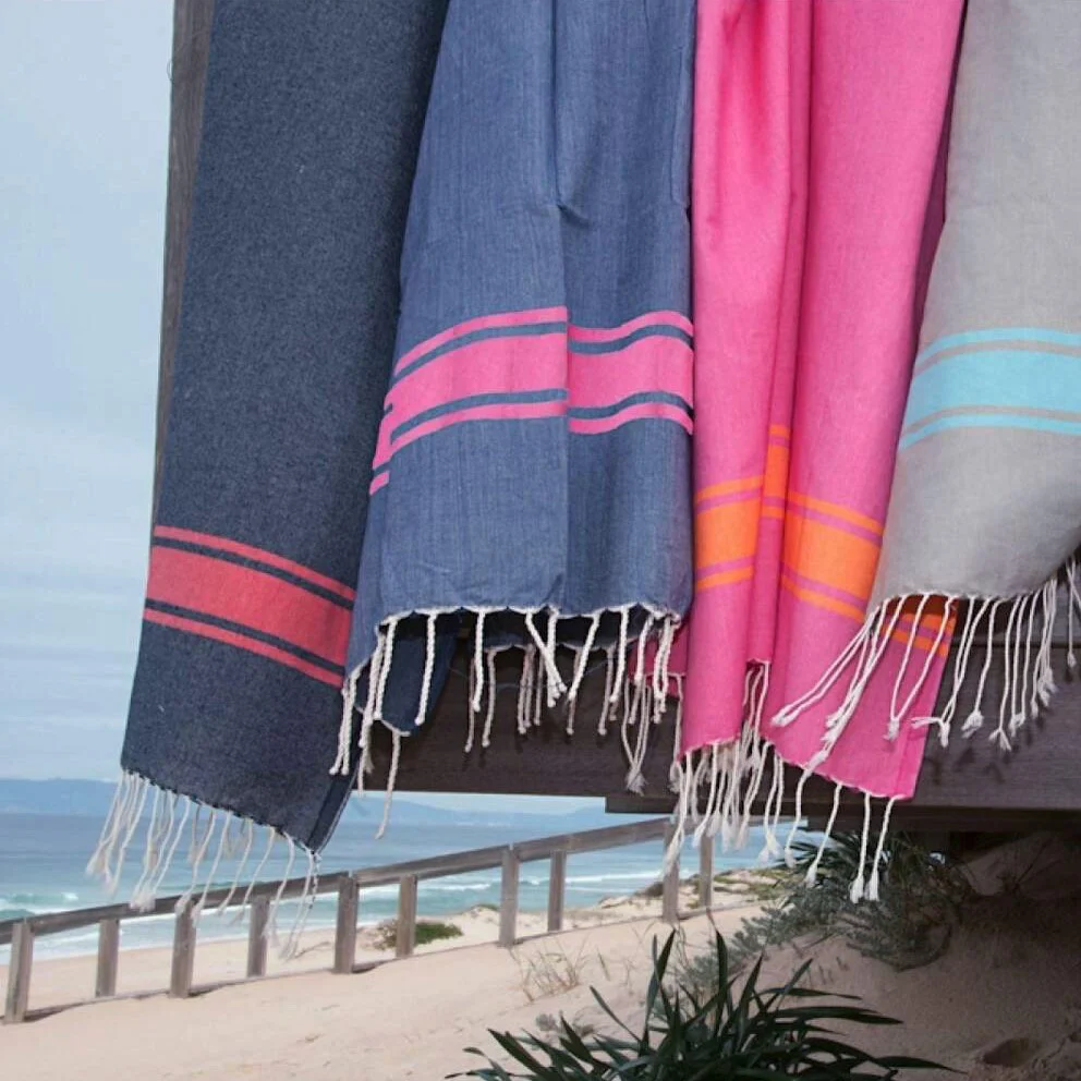 Fouta Bicolore - Coton - Bleu Jean / Rose Fuchsia - St Tropez - Image 5