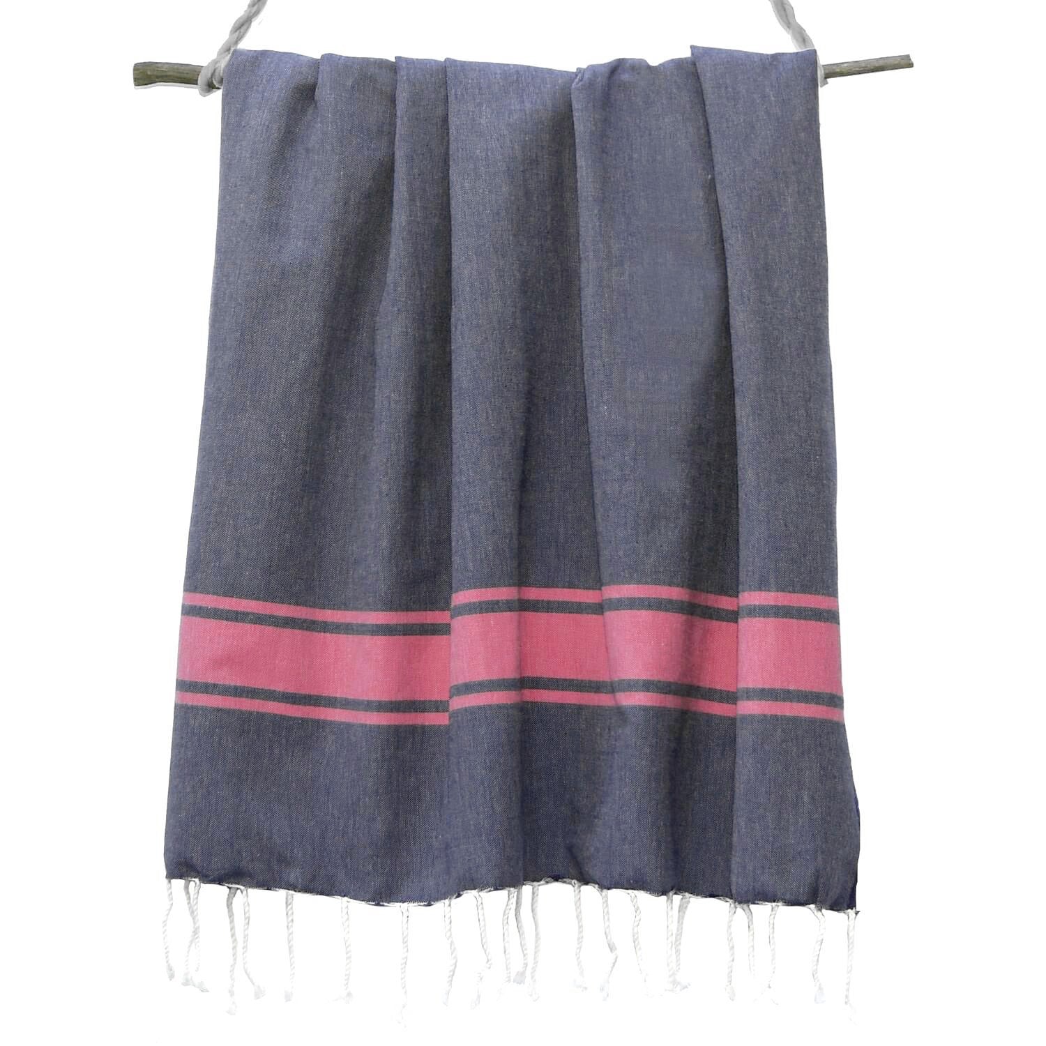 Fouta Bicolore - Coton - Bleu Jean / Rose Fuchsia - St Tropez - Image 7