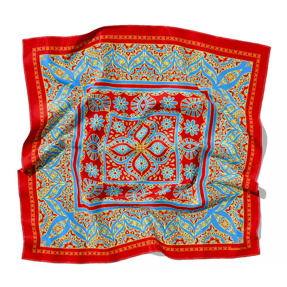 Foulard Hoian Soie - Rouge & Bleu - 100% Soie - Image 2