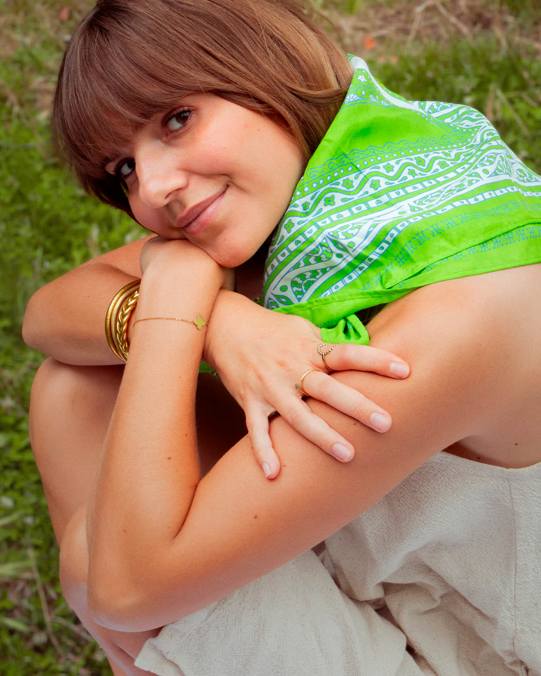 Foulard Siargao Soie - Vert & Blanc - 100% Soie - Image 3