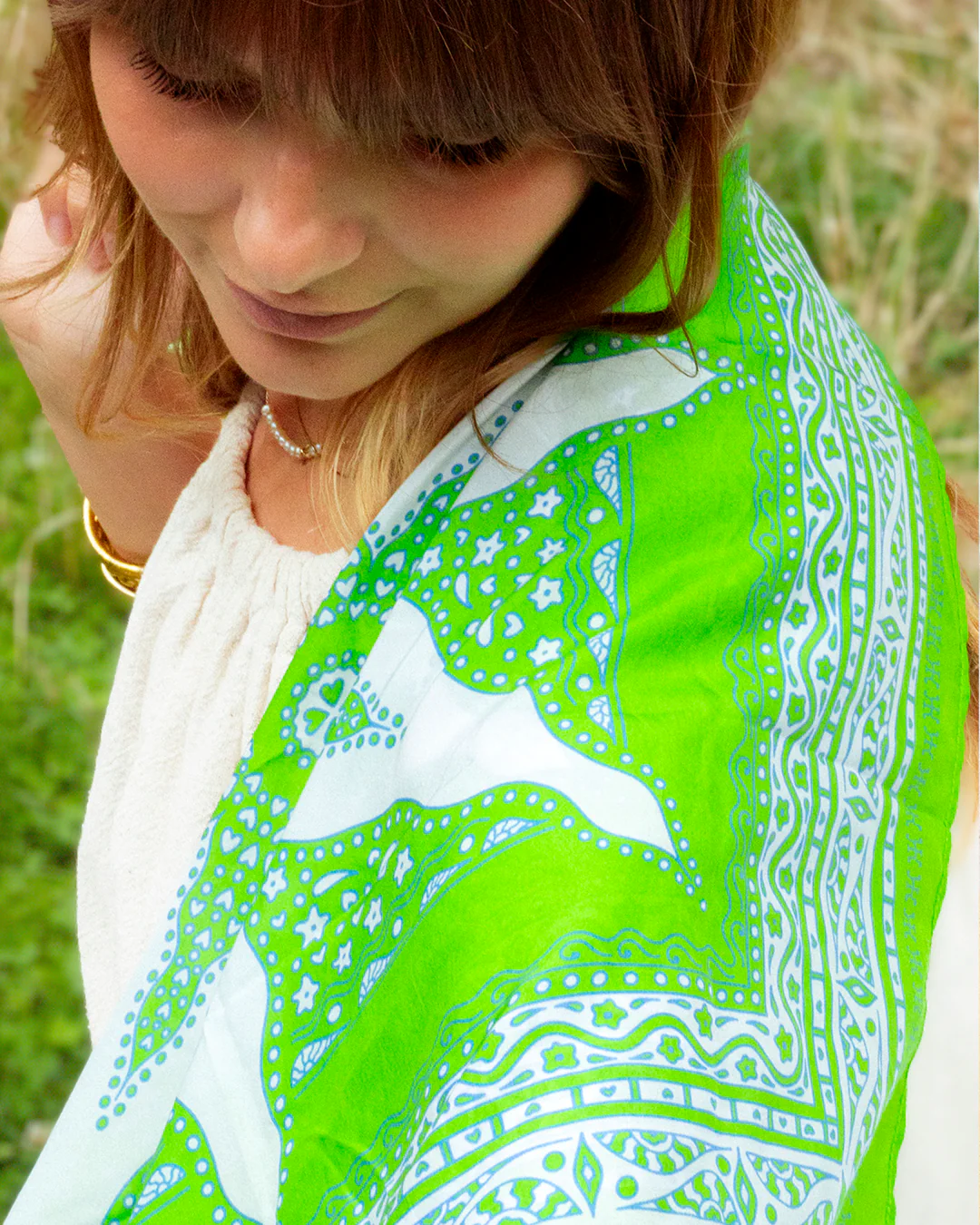 Foulard Siargao Soie - Vert & Blanc - 100% Soie - Image 4