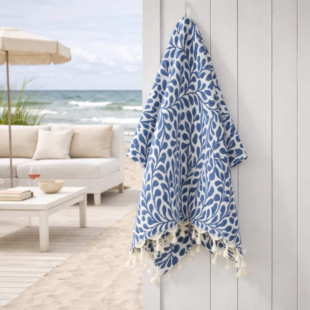 Fouta Jacquard - Coton - Bleu Jean - Feuille - Image 2