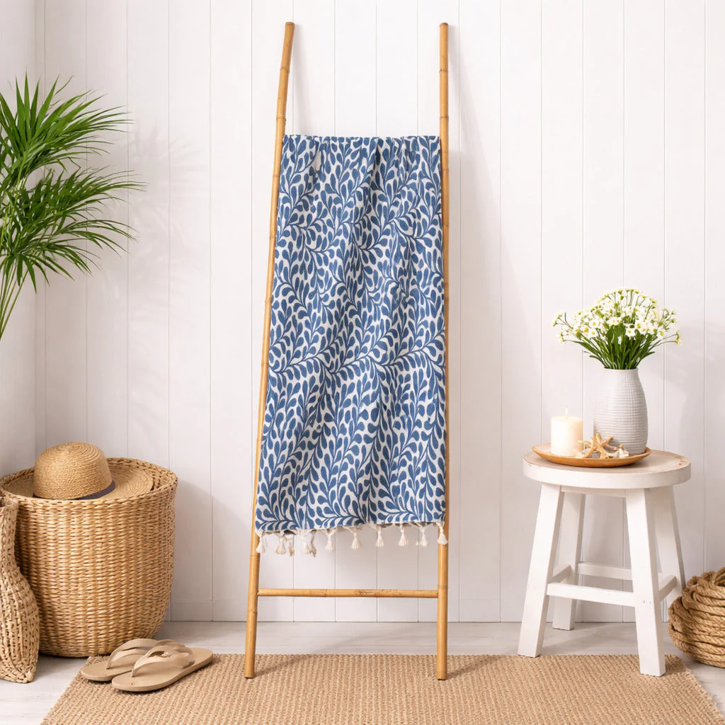 Fouta Jacquard - Coton - Bleu Jean - Feuille - Image 3