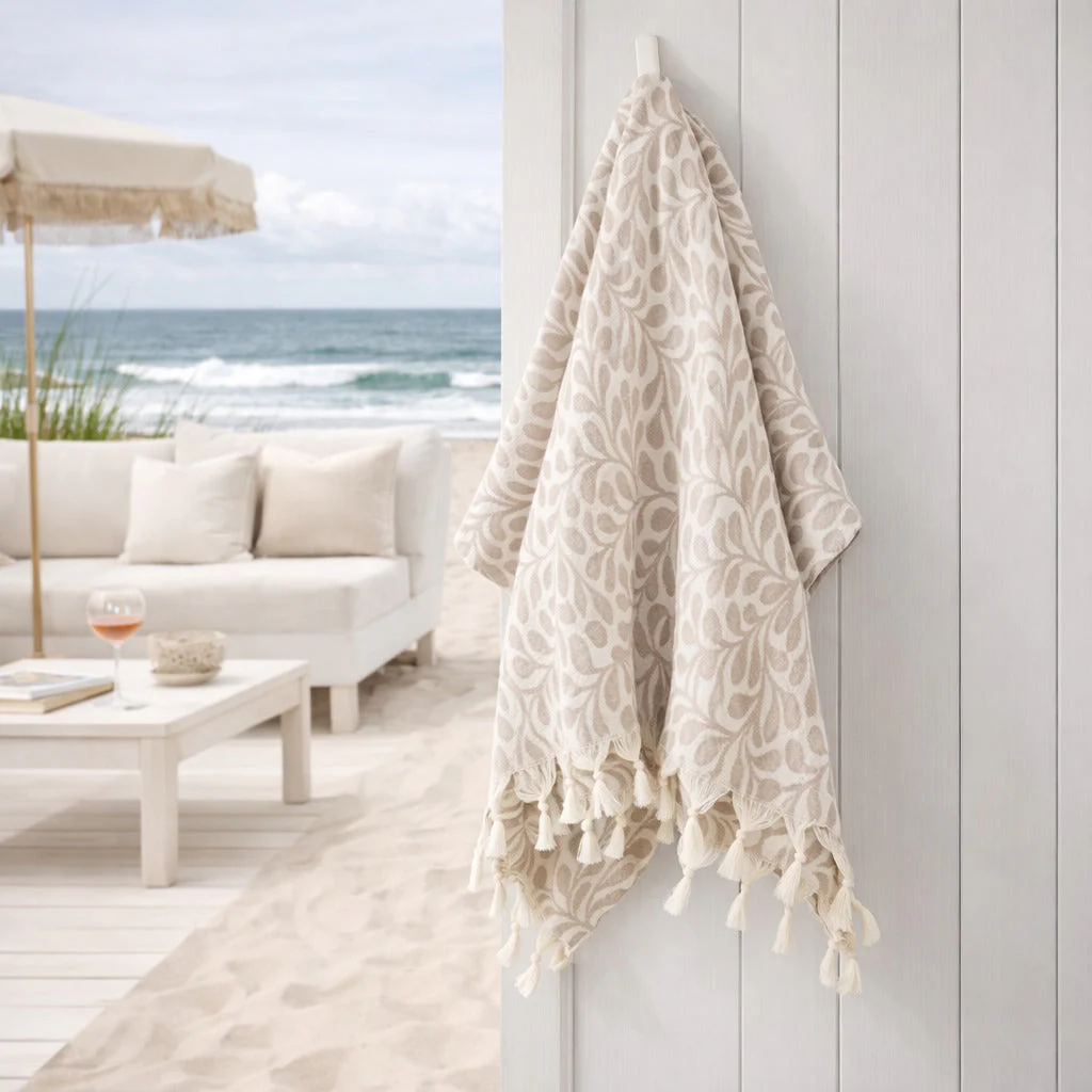 Fouta Jacquard - Coton - Taupe Clair - Feuille - Image 2