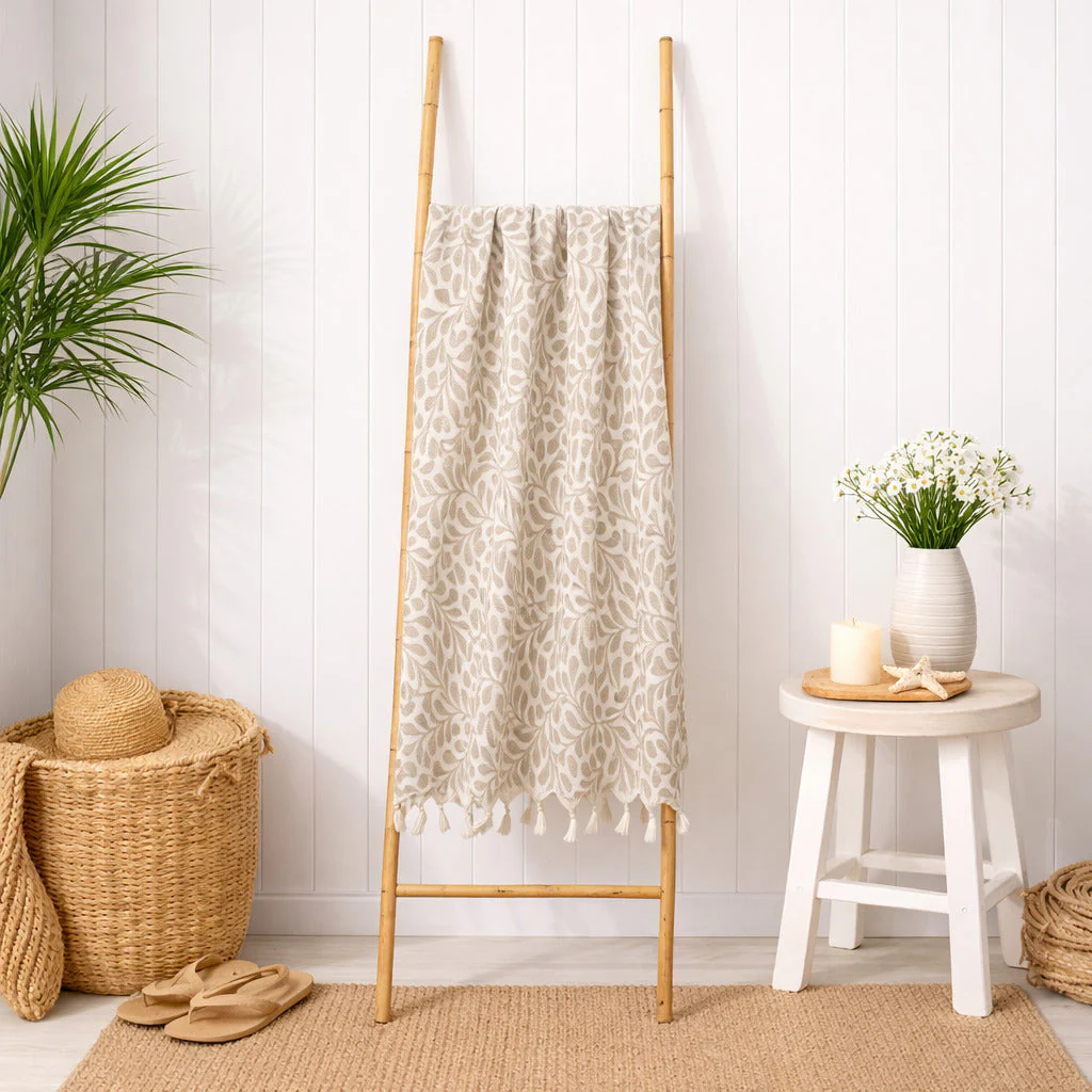 Fouta Jacquard - Coton - Taupe Clair - Feuille - Image 3