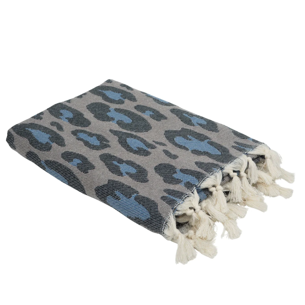Fouta Jacquard - Coton - Taupe / Bleu - Leopard - Image 2