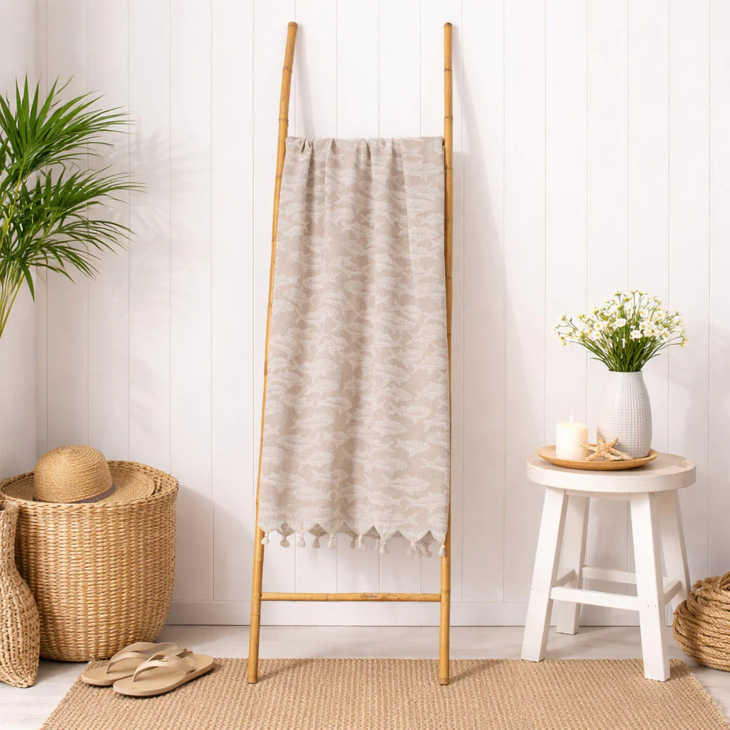 Fouta Jacquard - Coton - Beige - Poisson - Image 3