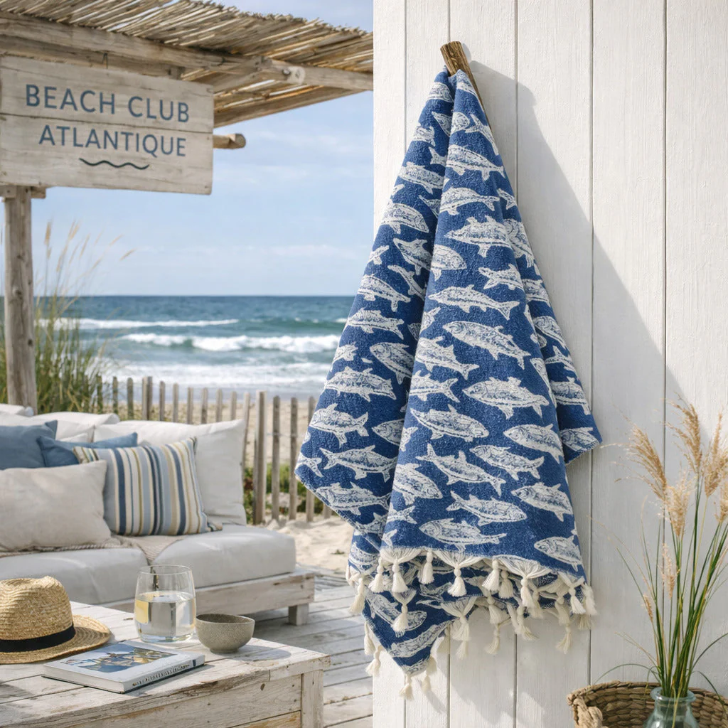 Fouta Jacquard - Coton - Bleu Jean - Poisson - Image 2