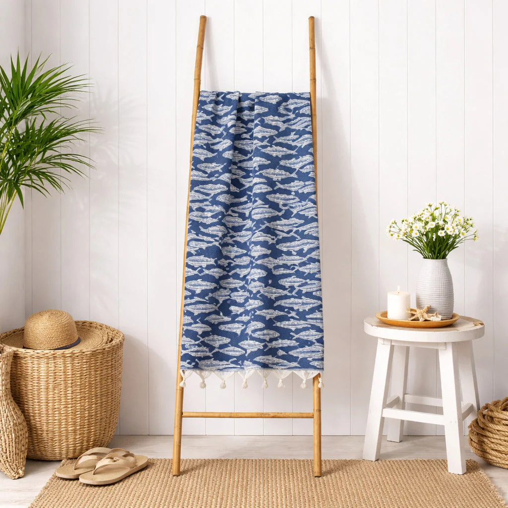 Fouta Jacquard - Coton - Bleu Jean - Poisson - Image 3