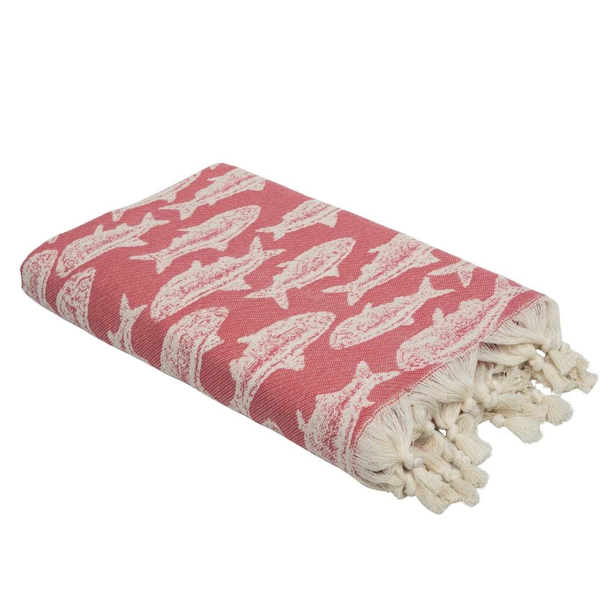 Fouta Jacquard - Coton - Rouge Corail - Poisson - Image 2