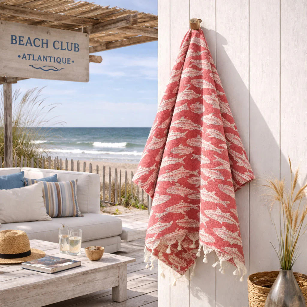 Fouta Jacquard - Coton - Rouge Corail - Poisson - Image 3