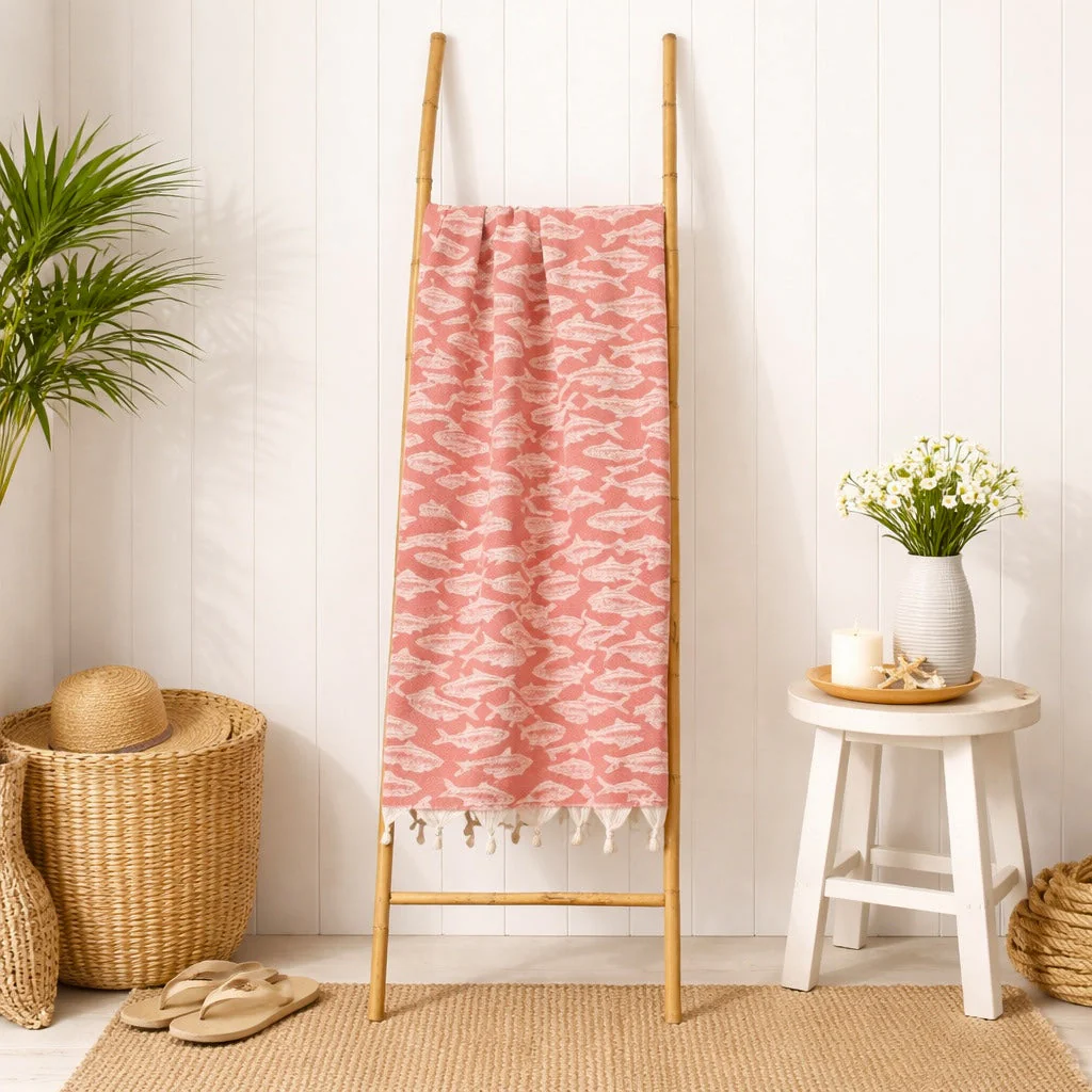 Fouta Jacquard - Coton - Rouge Corail - Poisson - Image 4