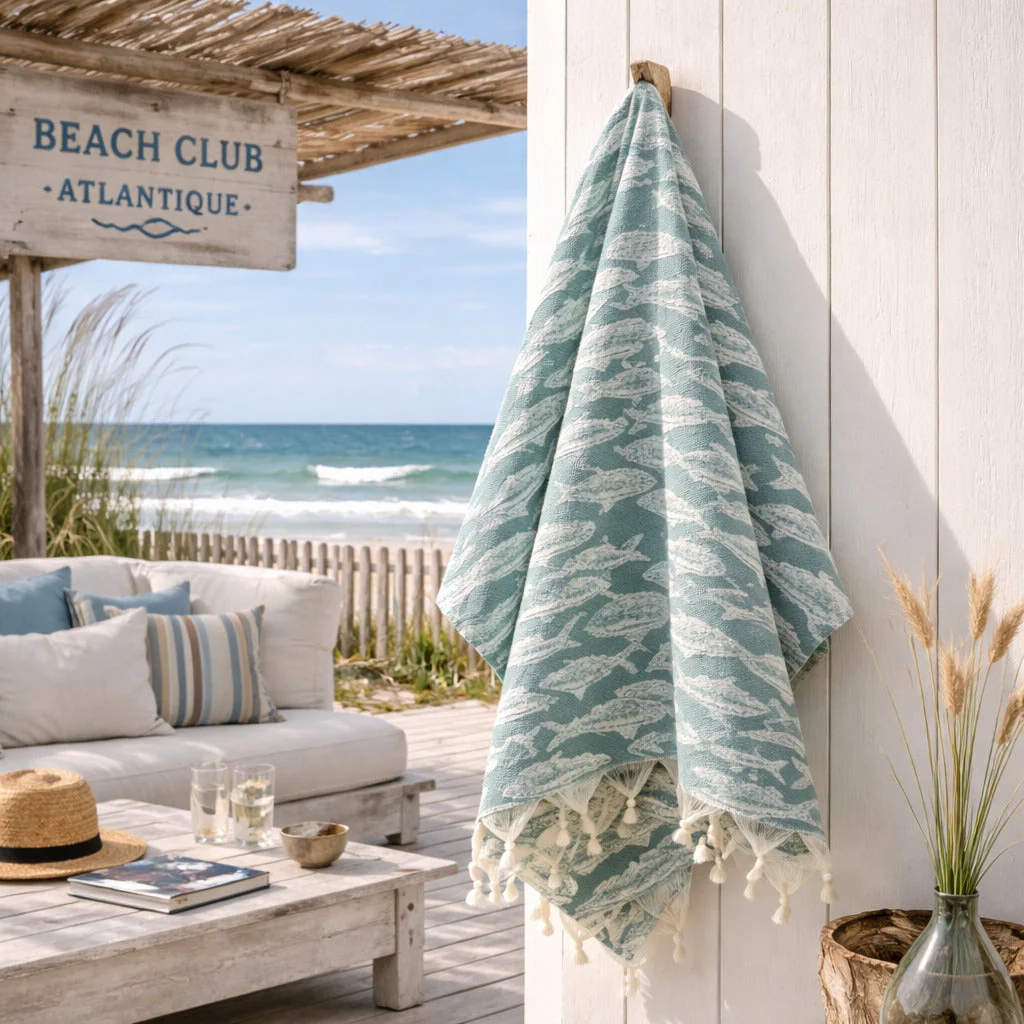 Fouta Jacquard - Coton - Vert Sauge - Poisson - Image 2