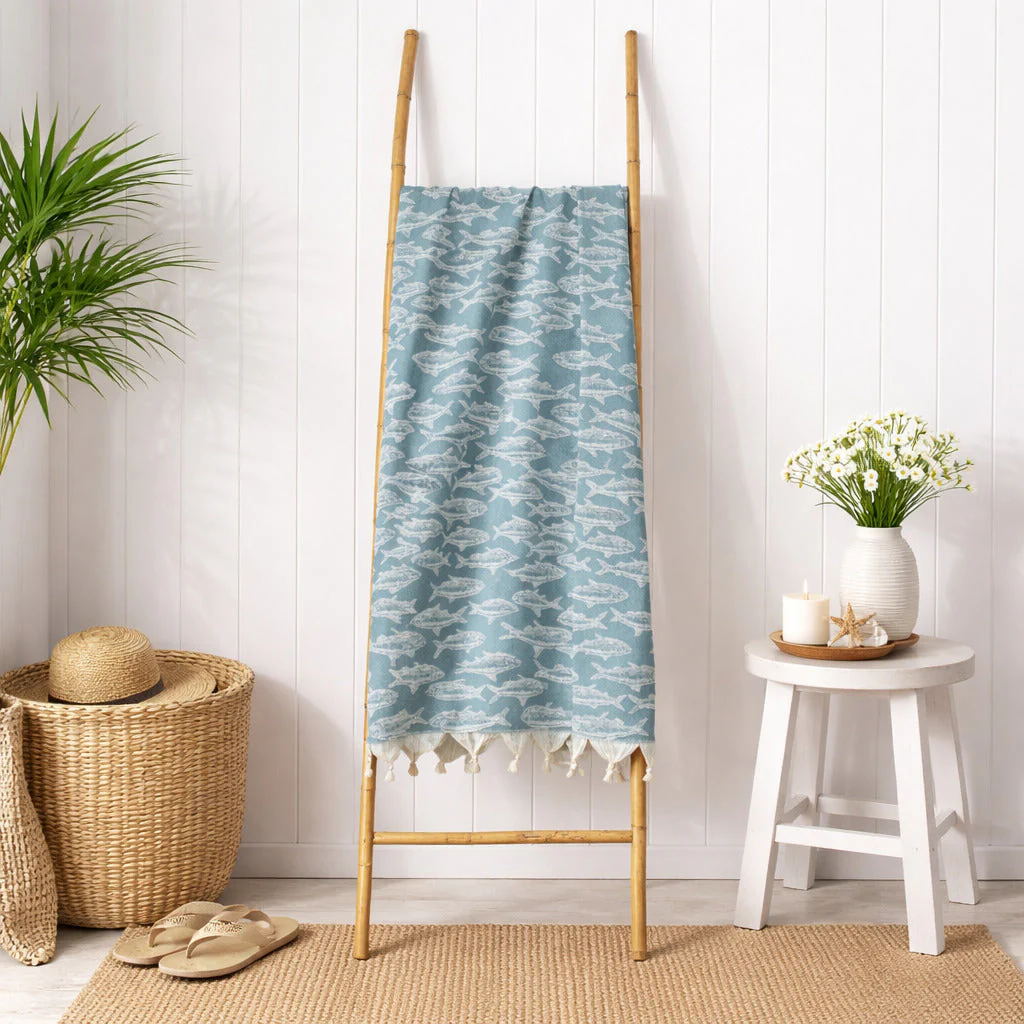 Fouta Jacquard - Coton - Vert Sauge - Poisson - Image 3
