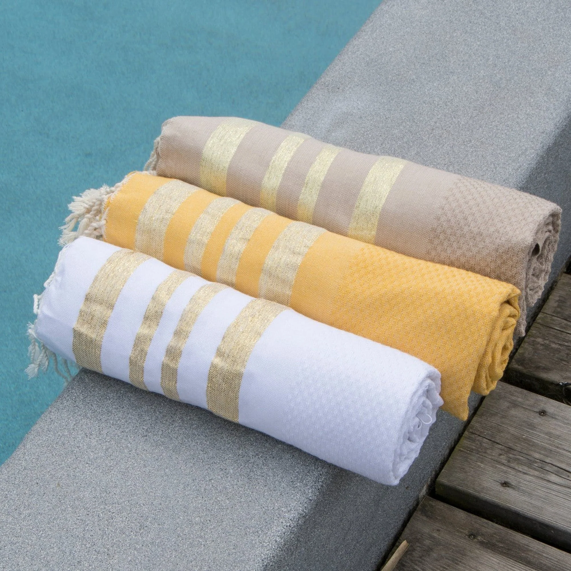 Fouta Nid D'Abeille - Coton - Beige / Or - Hamptons - Image 2