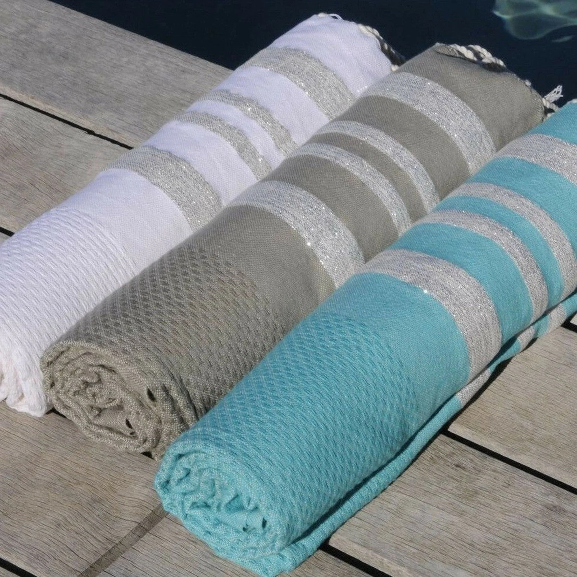 Fouta Nid D'Abeille - Coton - Blanc / Argent - Hamptons - Image 5