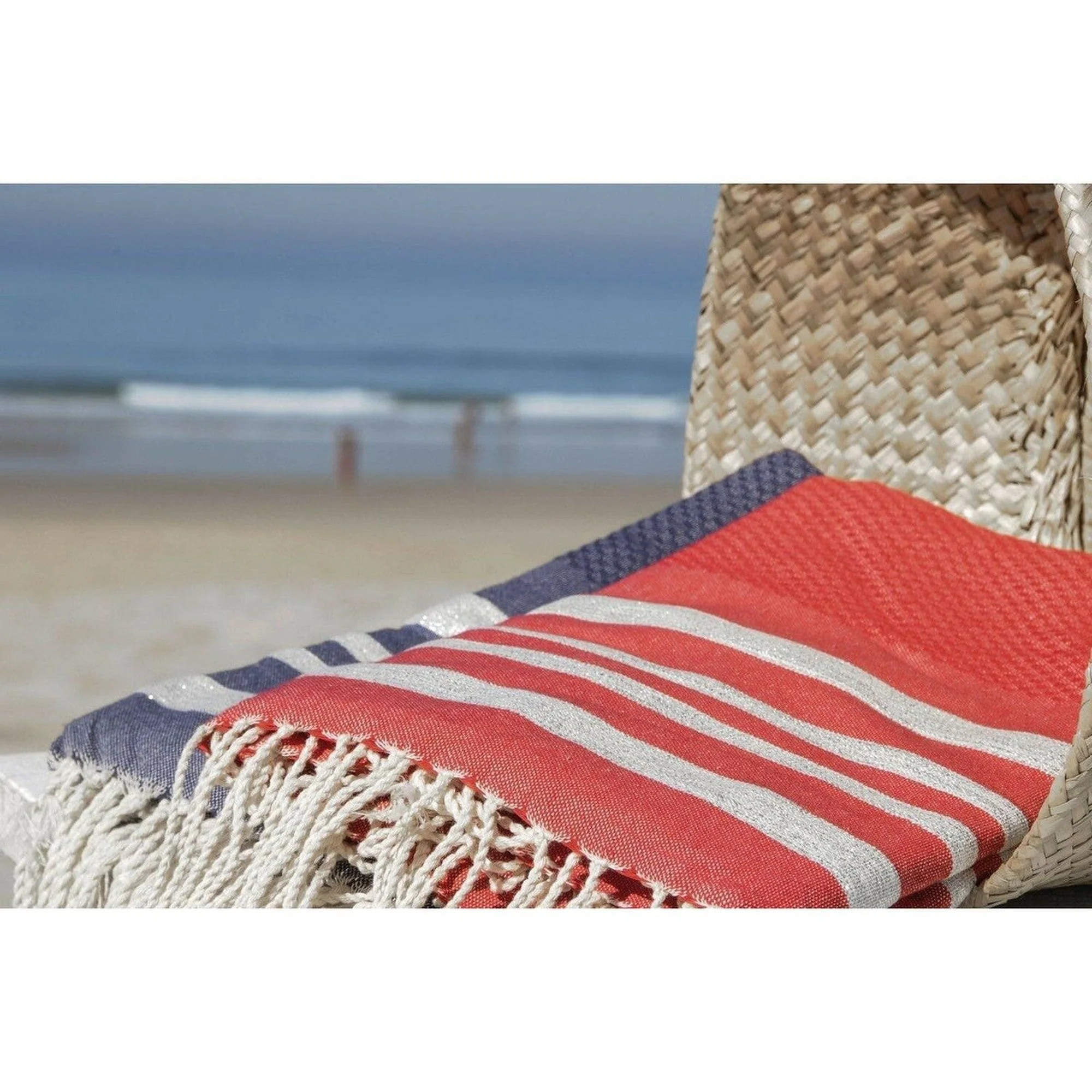 Fouta Nid D'Abeille - Coton - Rouge / Argent - Hamptons - Image 4