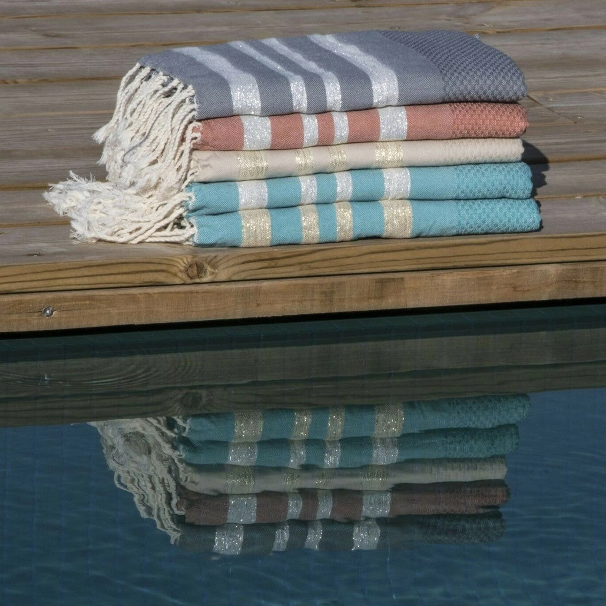 Fouta Nid D'Abeille - Coton - Vert Canard / Argent - Hamptons - Image 2