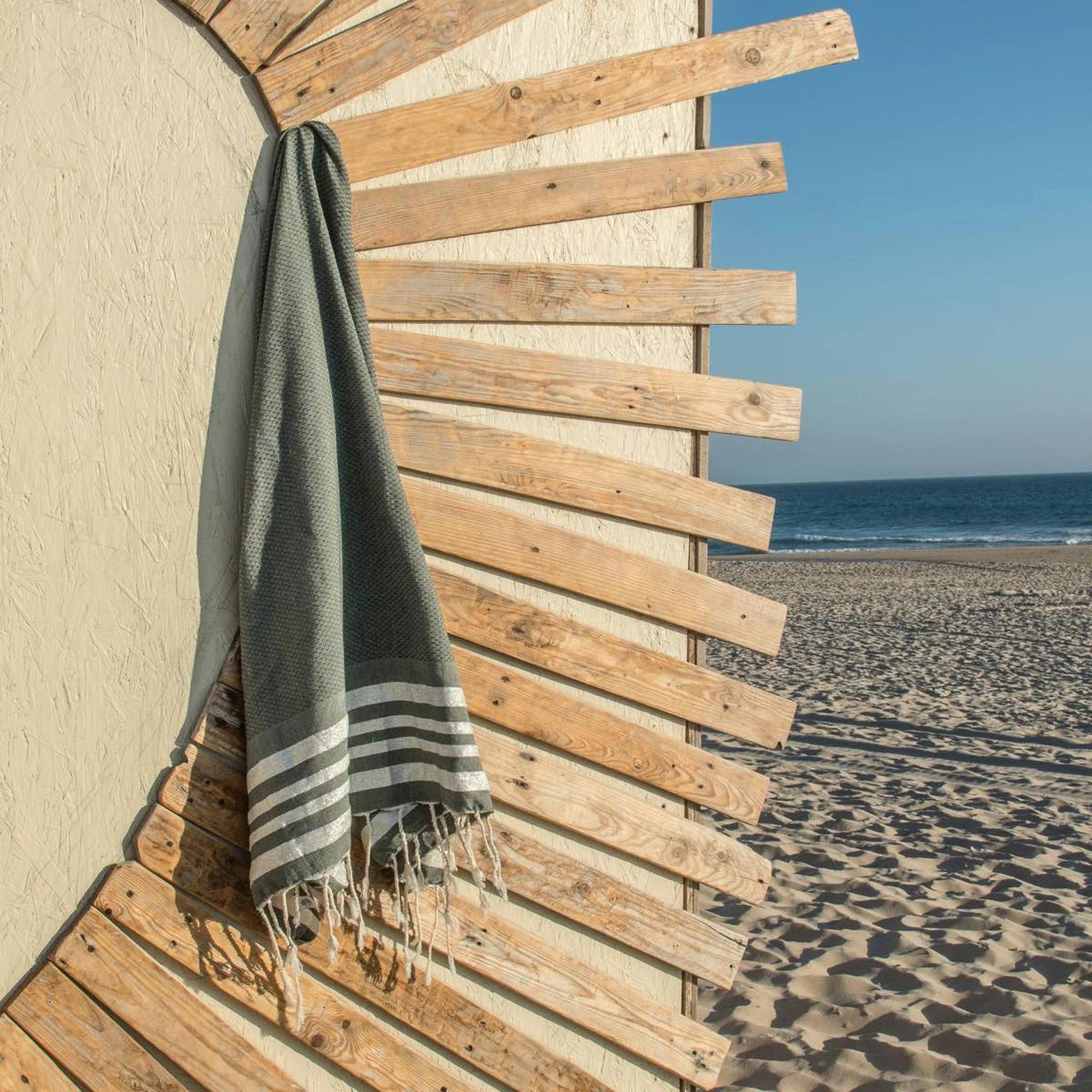 Fouta Nid D'Abeille - Coton - Vert Kaki / Argent - Hamptons - Image 2