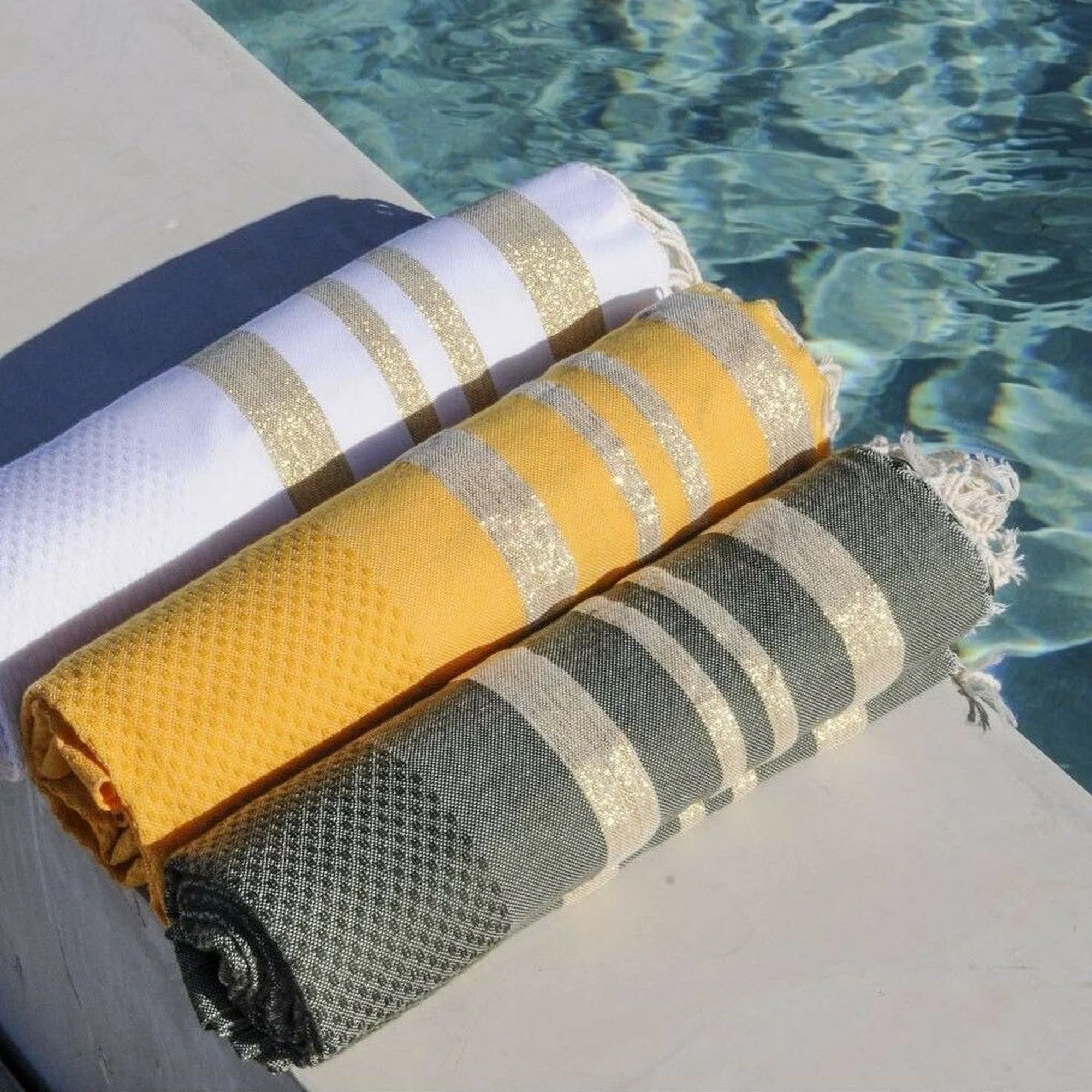 Fouta Nid D'Abeille - Coton - Vert Kaki / Or - Hamptons - Image 5