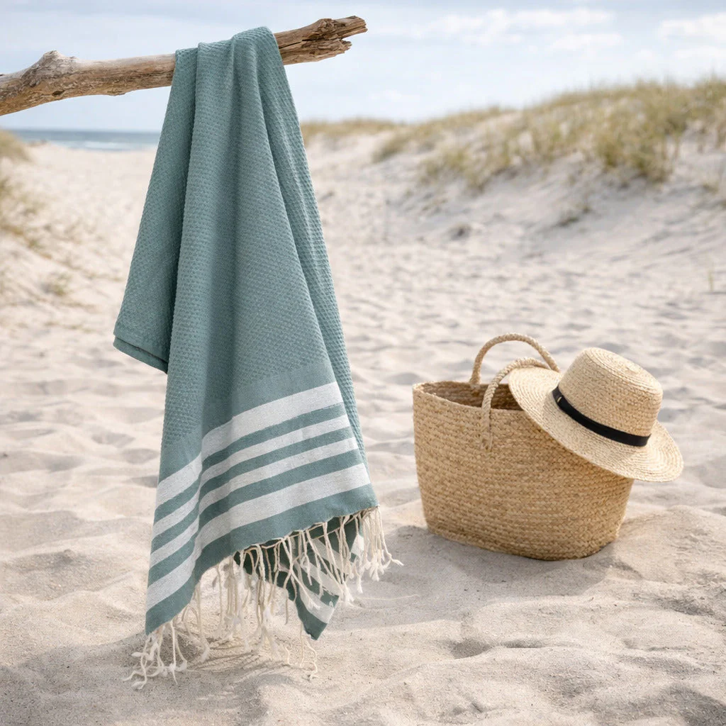 Fouta Nid D'Abeille - Coton - Vert Sauge / Argent - Hamptons - Image 3